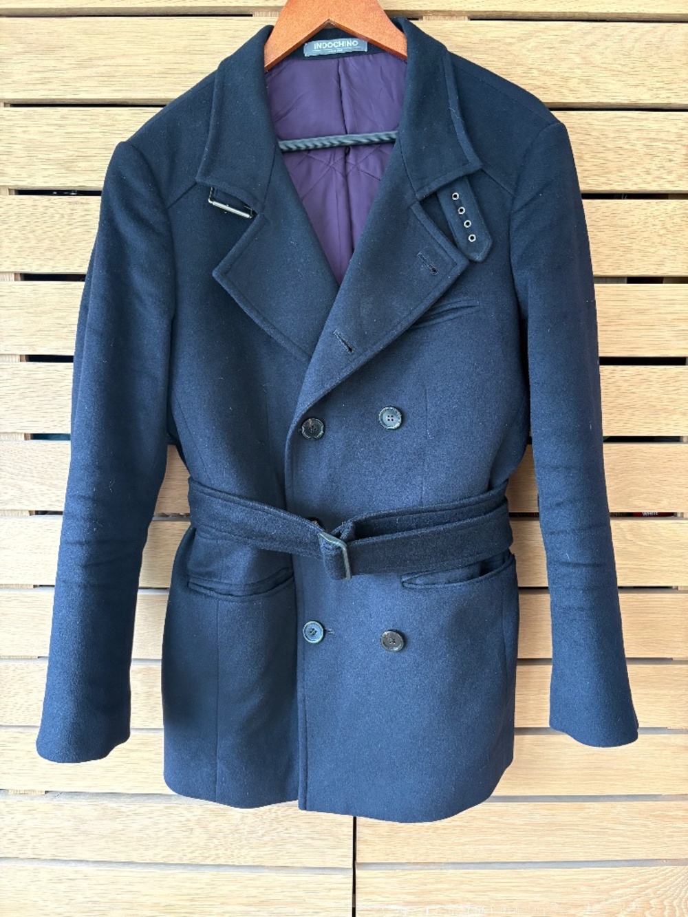 Indochino Luxury Men's Navy Wool & Cashmere Double-Breasted Belted Overcoat